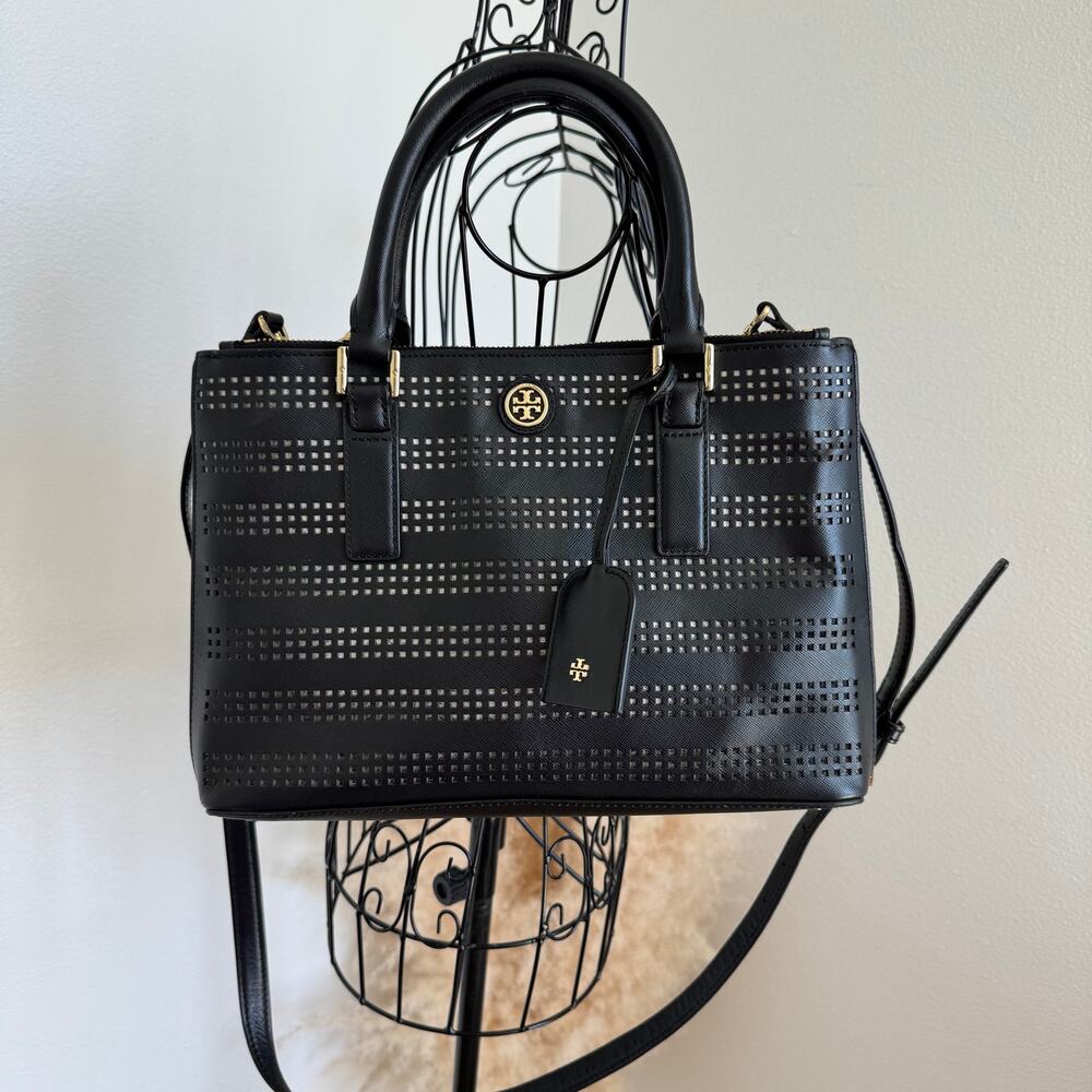 Tory Burch Black Robinson Laser Cut Saffiano Leather Double Zip Satchel Bag - Picture 4 of 16
